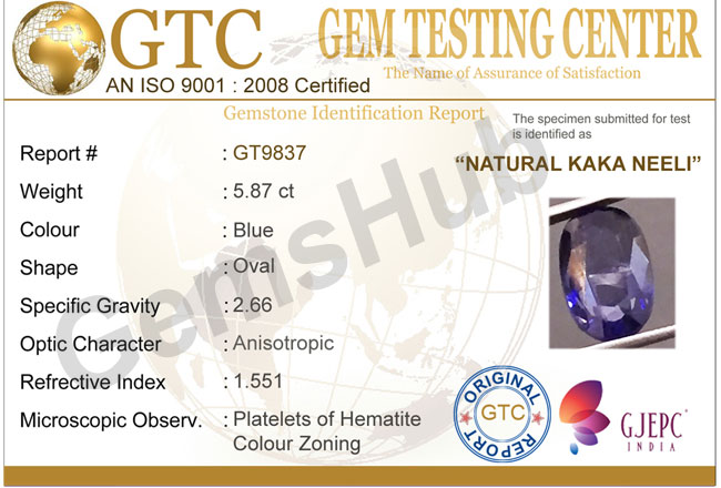 Natural Kaka Neeli Stone 5.87 ct